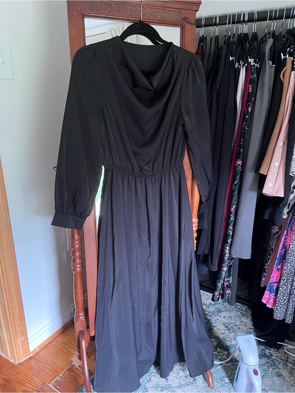 Black Long-Sleeve Maxi Dress Draped Cowlneck Size Medium